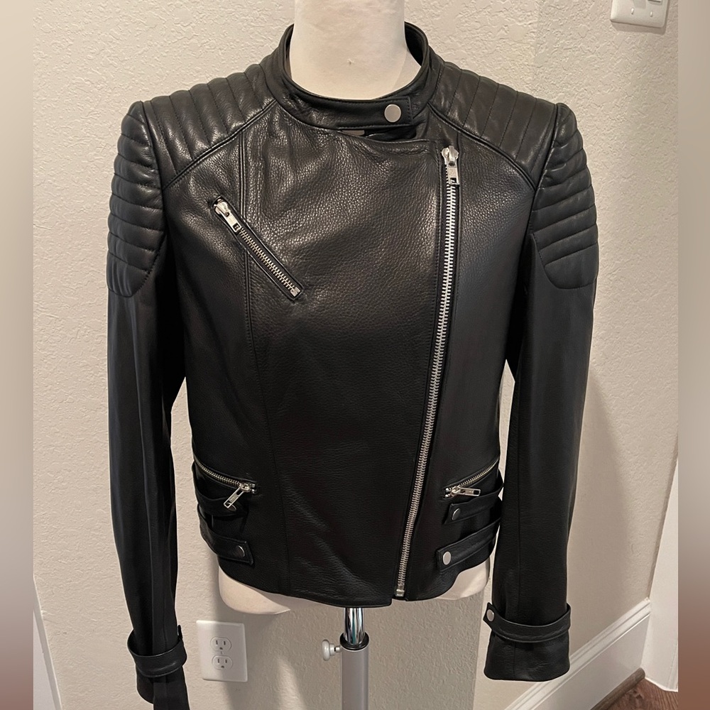 A.L.C. Hooded Black Leather Biker Jacket with removable hood. 12 NWT Pristine - Picture 9 of 12